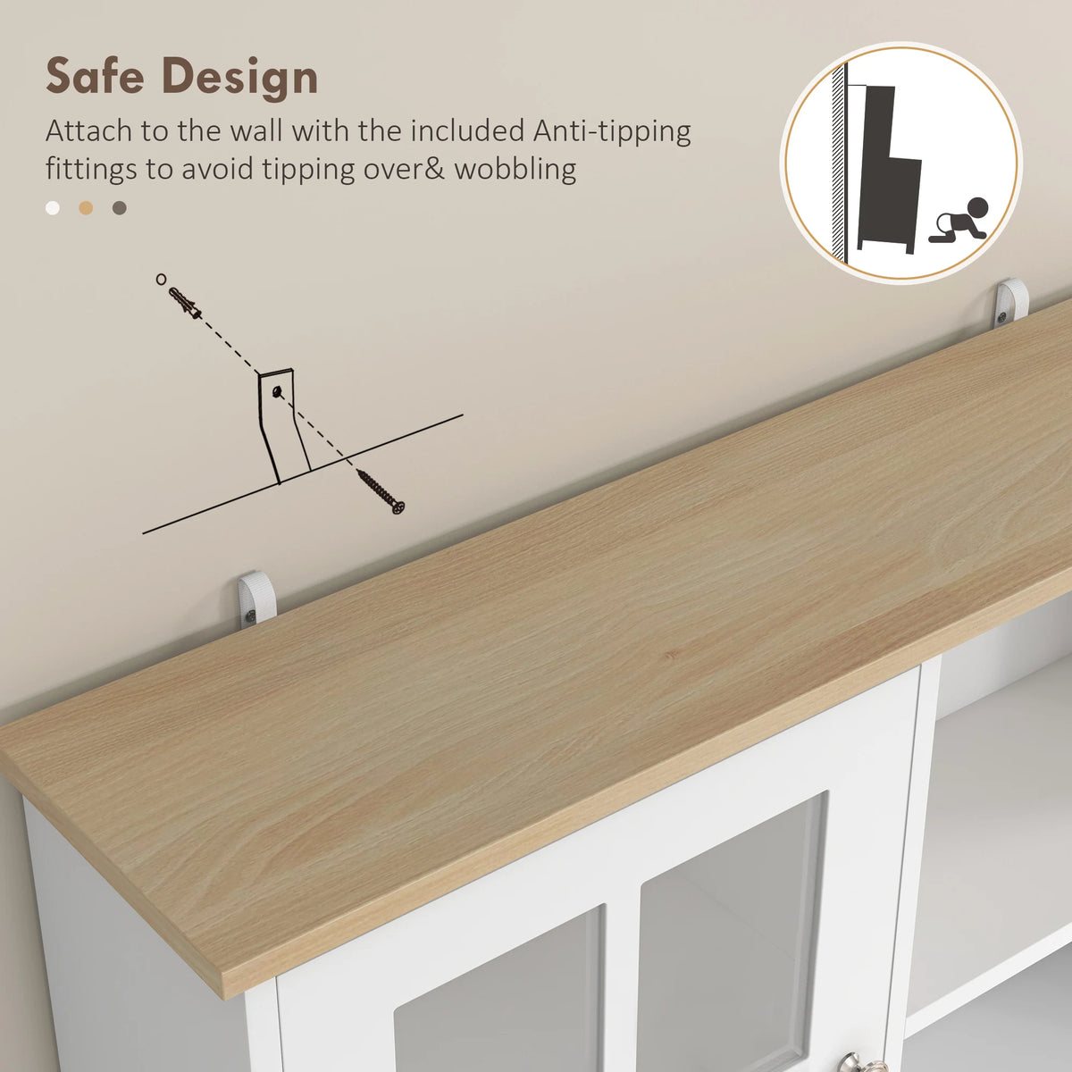HOMCOM Freestanding Kitchen Cupboard, Storage Cabinet with Doors and Adjustable Shelves, Counter Top, Grid Glass Doors, 80L x 37W x 183H cm - White