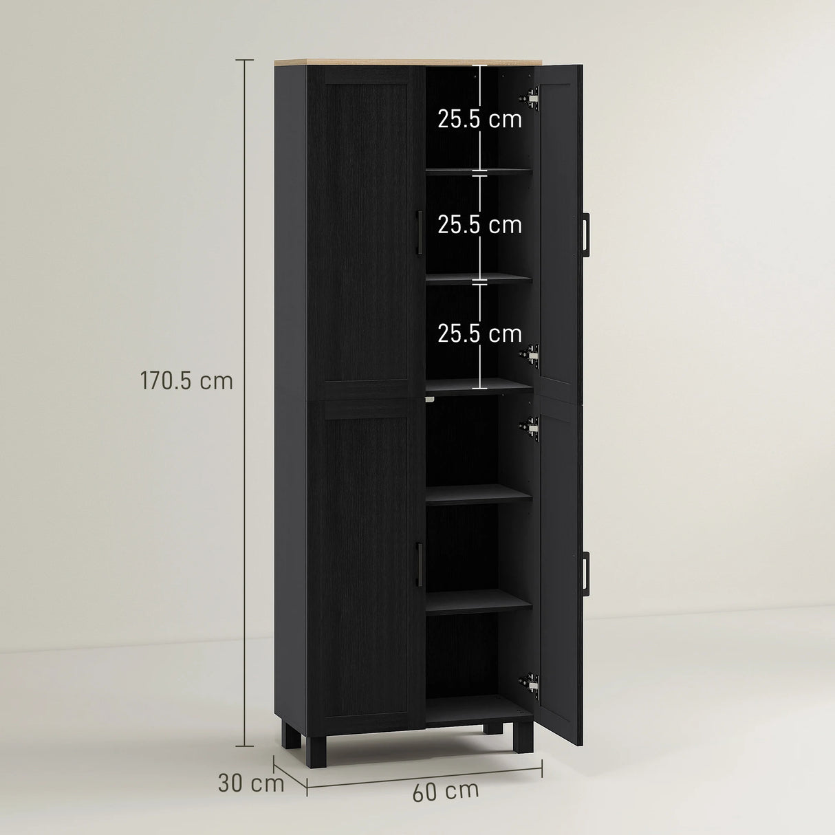 HOMCOM Freestanding Kitchen Cupboard, 4-Door Storage Cabinet with Adjustable Shelves, Modern Kitchen Pantry for Dining Room, 170cm, Black