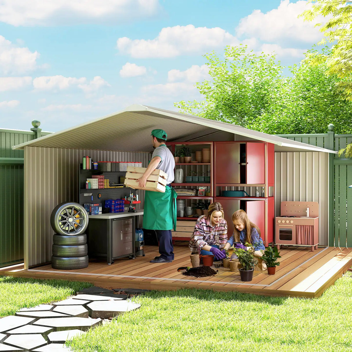 Outsunny 13 x 11ft Large Garden Shed, Mental Garden Storage Shed with Foundation Kit Ventilation & Doors, Light Grey