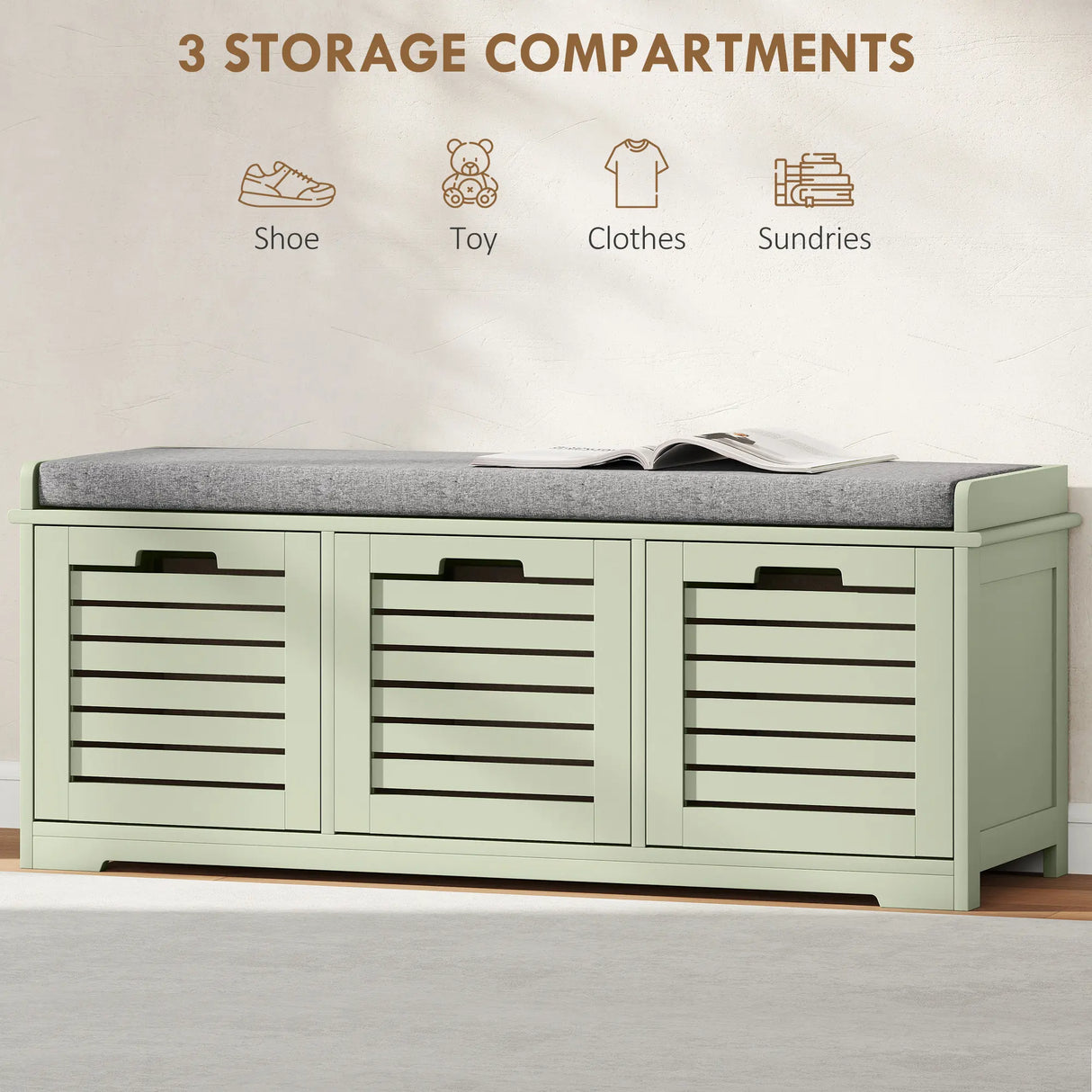 HOMCOM 3-Drawer Shoe Storage Bench - Green