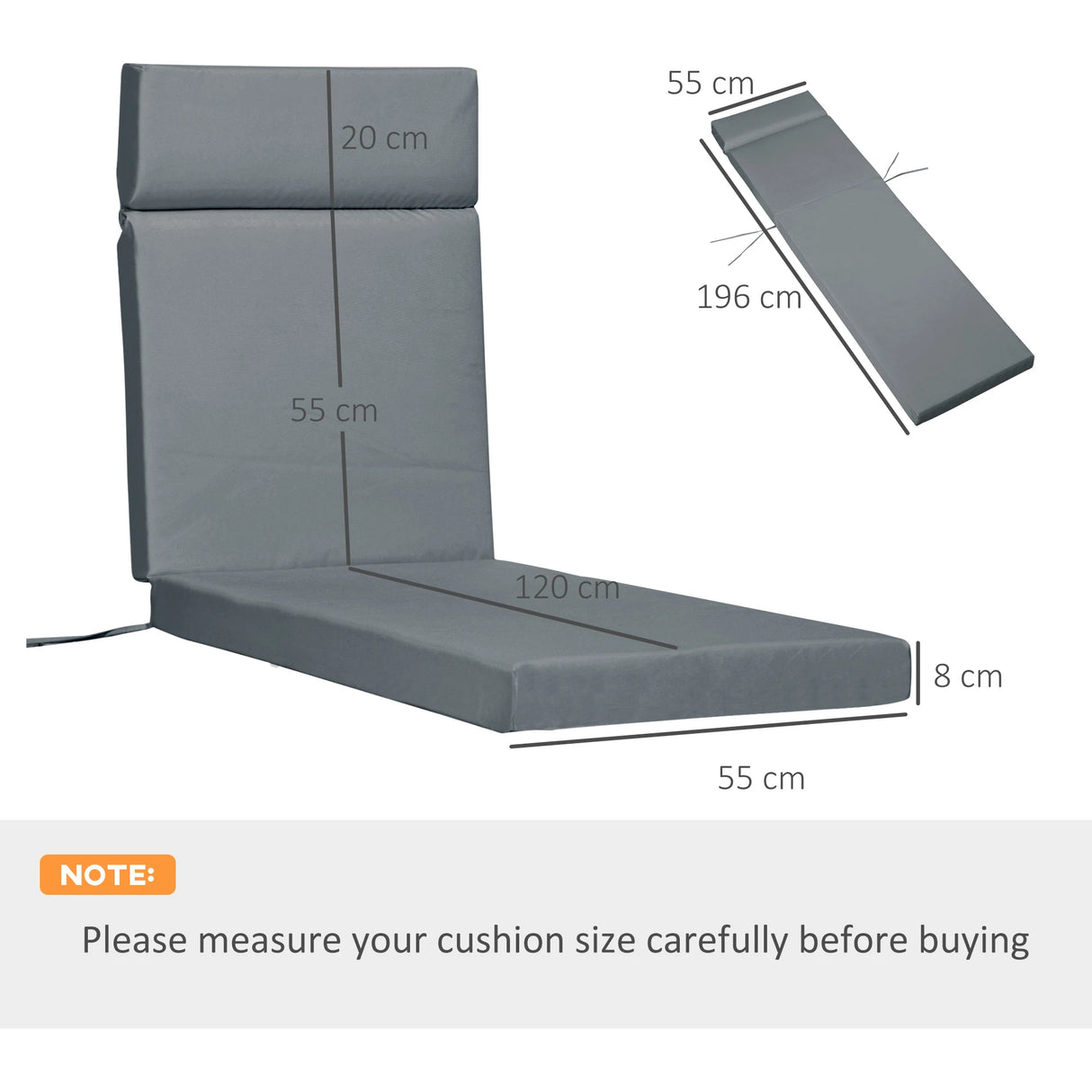 Outsunny Set of 2 Sun Lounger Cushions, Replacement Cushions for Rattan Furniture with Ties, 196 x 55 cm, Cushion ONLY, Dark Grey