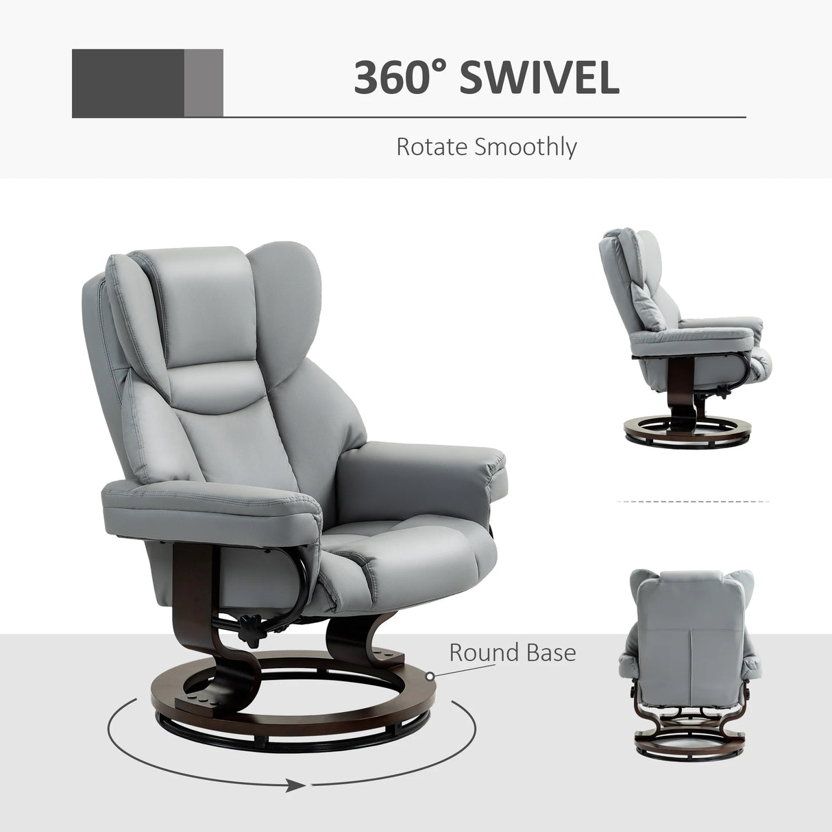 HOMCOM 360 Swivel Recliner Chair with Footstool, PU Leather Manual Recliner Armchair with Footstool, Solid Wood Base, Upholstered Reclining Chair for Living Room, Bedroom, Office, Light Grey