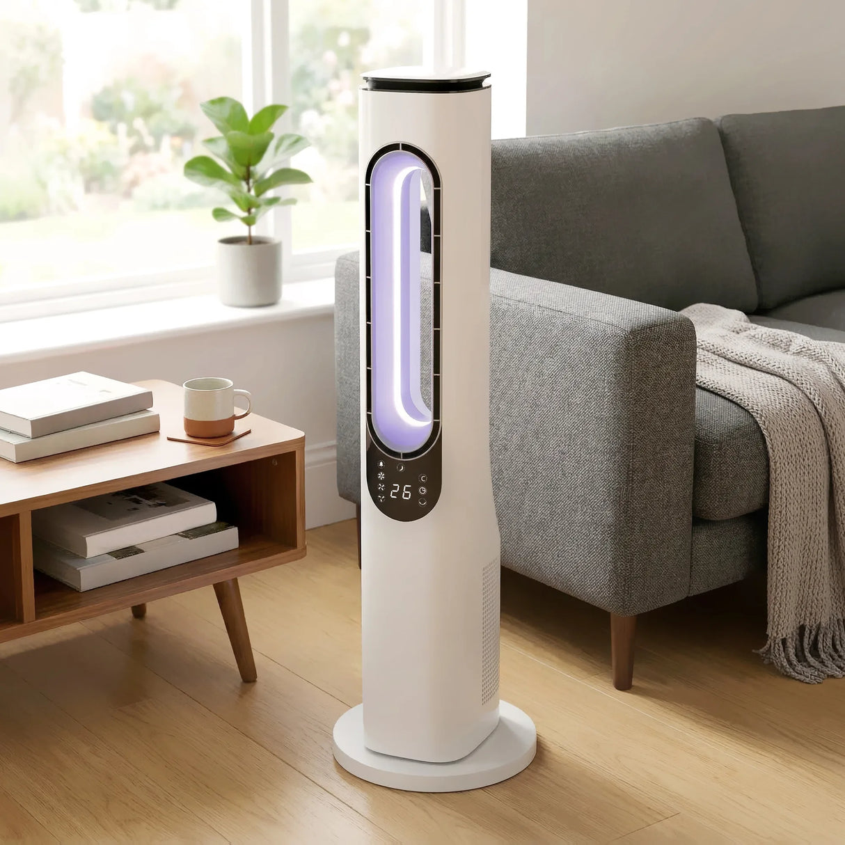 HOMCOM Bladeless Tower Fan for Bedroom, 35dB Standing Cooling Fan with Oscillating, LED Lights, 3 Speeds, 15H Timer, White