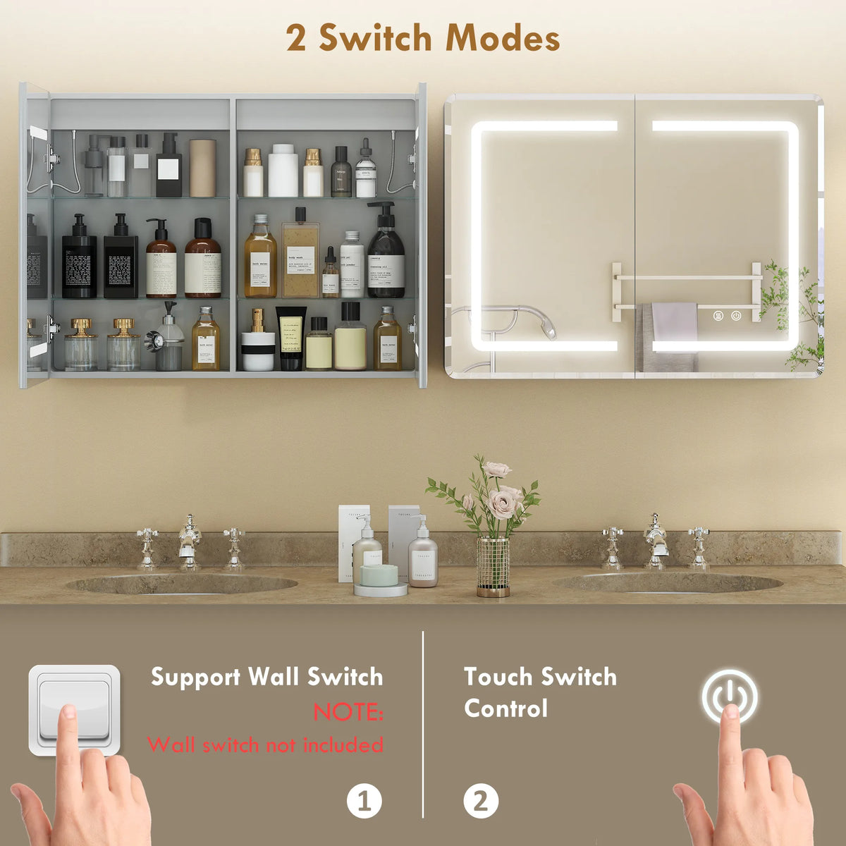 HOMCOM Mirrored Bathroom Cabinet with LED Lights, 60 x 80 cm Bathroom Mirror Cabinet with Anti-Fog, 3 Colour Dimmable Lighting