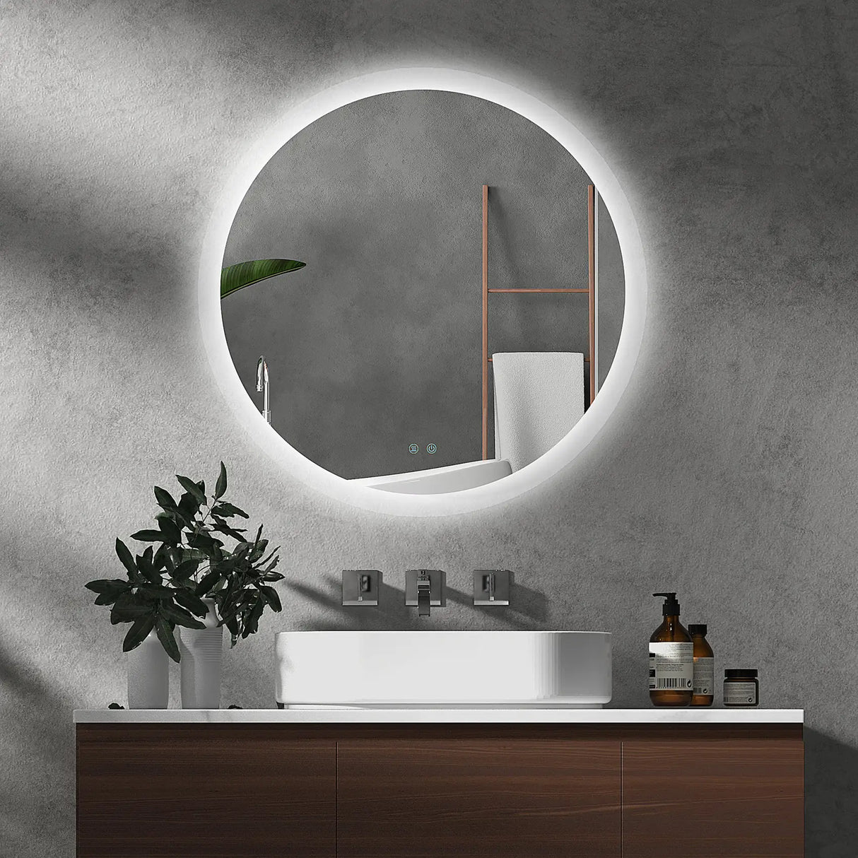 kleankin Round Bathroom Mirror with LED Lights, Wall-Mounted Dimmable Makeup Mirror with 3 Temperature Colours, Defogging Film, Memory Function, Hardwired, 70 x 70 cm