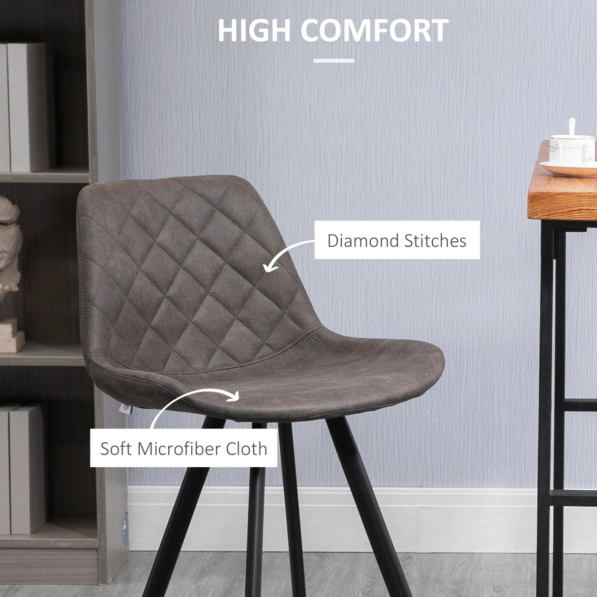 HOMCOM Set Of 2 Bar Stools Vintage Microfiber Cloth Tub Seats Padded Comfortable Steel Frame Footrest Quilted Home Bar Cafe Kitchen Chair Stylish Dark Grey