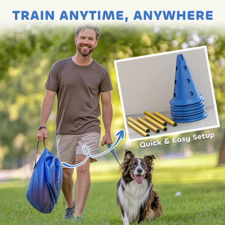 PawHut Dog Agility Equipment Set of Six Cones, Six Poles with Carry Bag, Three-Piece Adjustable Height Jumping Obstacles, Blue
