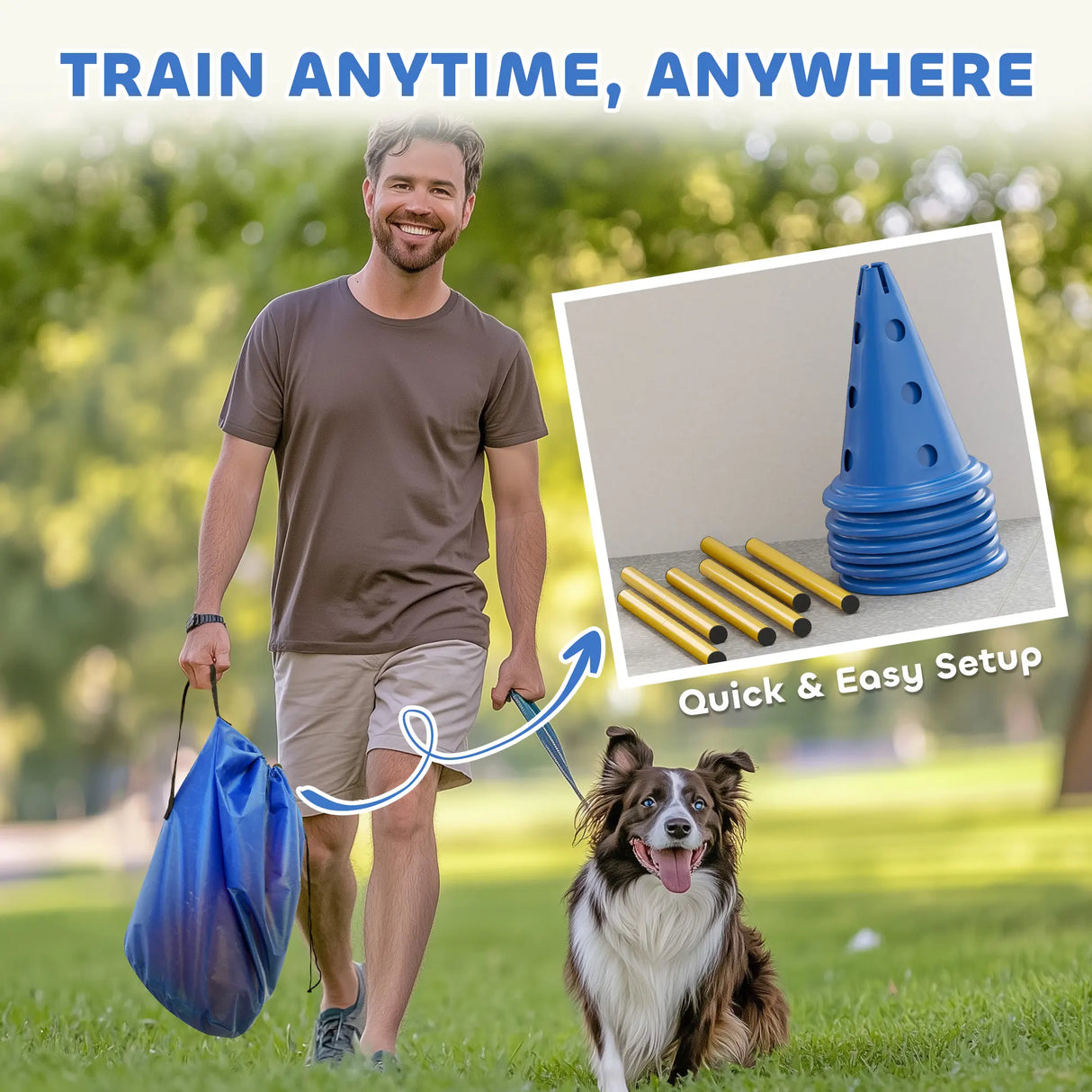 PawHut Dog Agility Equipment Set of Six Cones, Six Poles with Carry Bag, Three-Piece Adjustable Height Jumping Obstacles, Blue