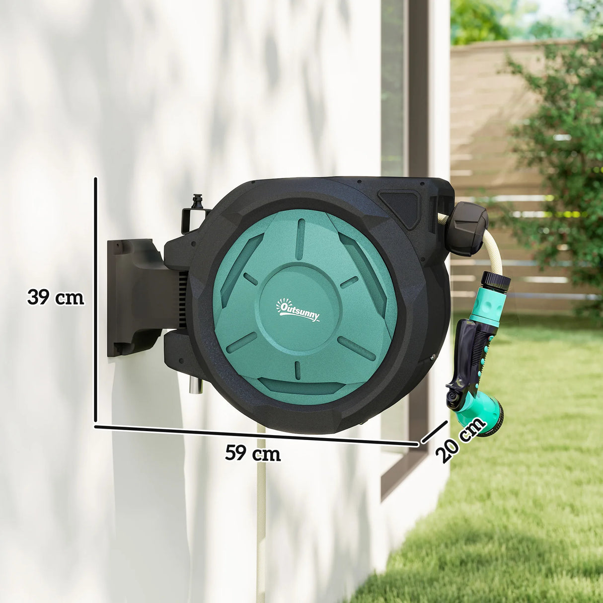 Outsunny Retractable Hose Reel Wall Mounted, 20+2m Garden Hose Pipe Reel with Lock, Auto Rewind, 7 in 1 Spray Nozzle, Includes Wall Fixings, 180 Swivel, Outdoor Watering, 54 x 20 x 39 cm, Black