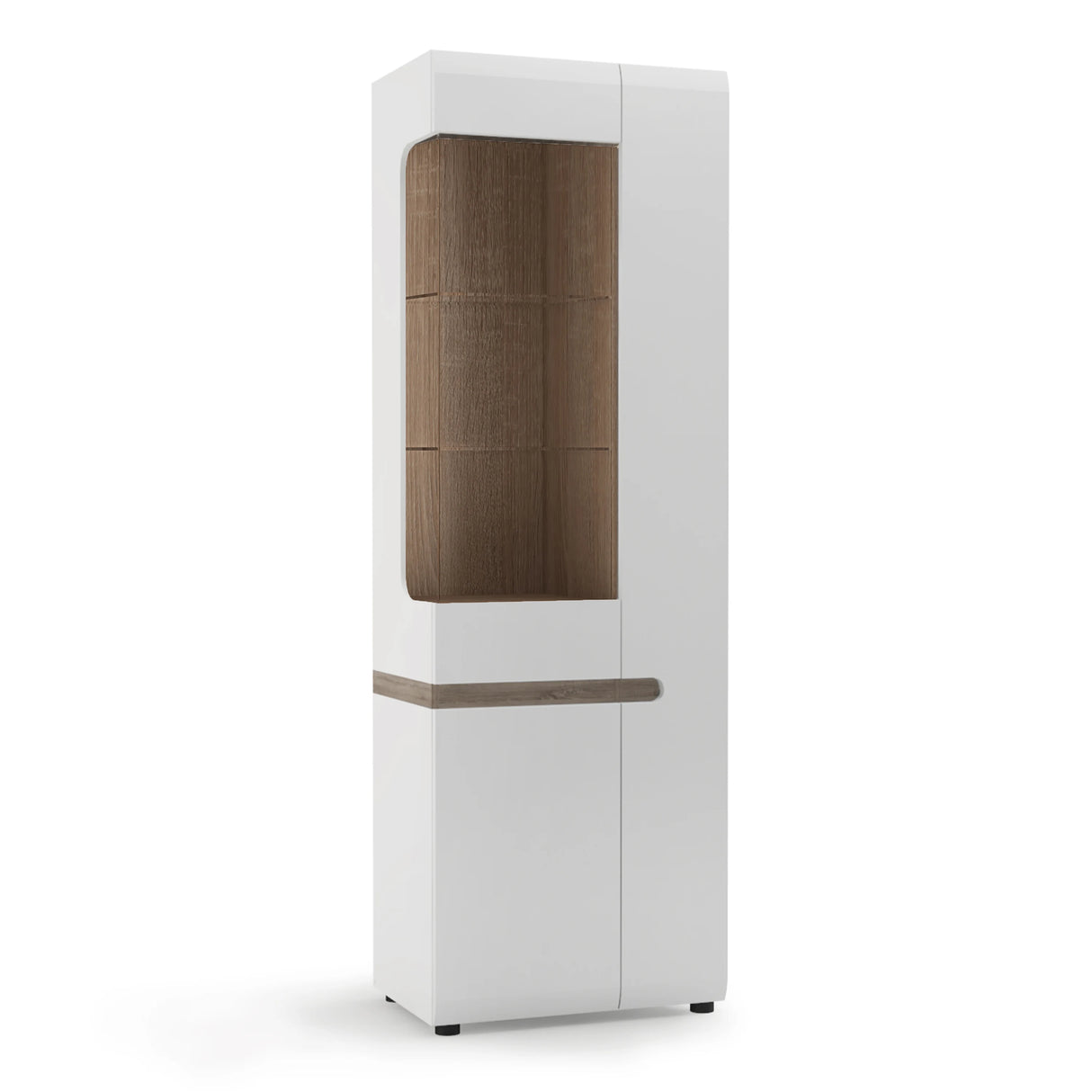 Chelsea Living Tall Glazed Narrow Display Unit in White with Oak Trim