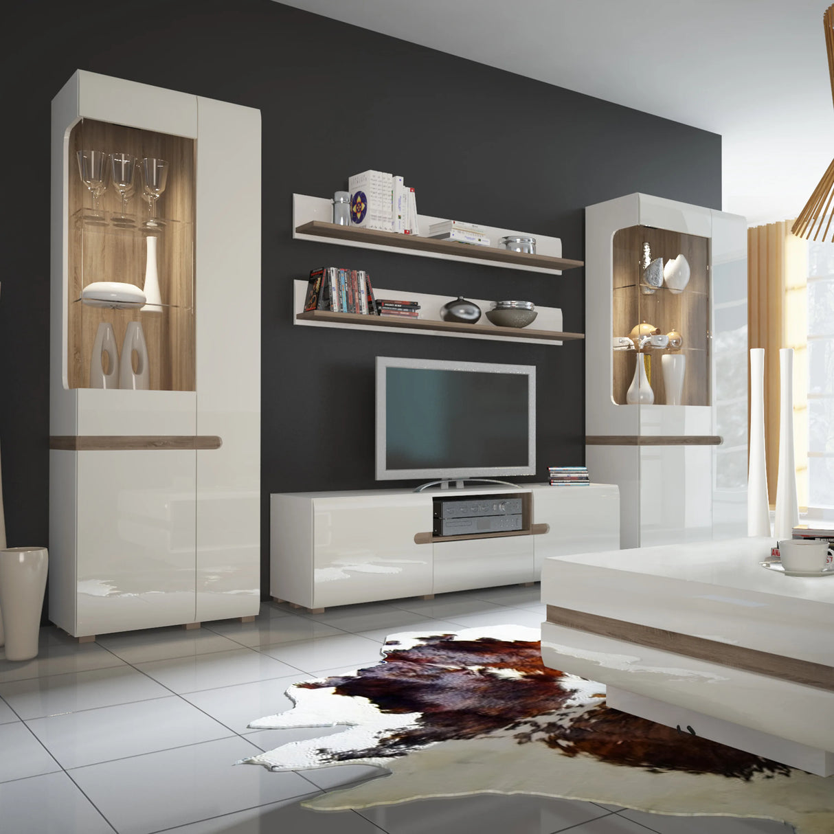 Chelsea Living Tall Glazed Narrow Display Unit in White with Oak Trim