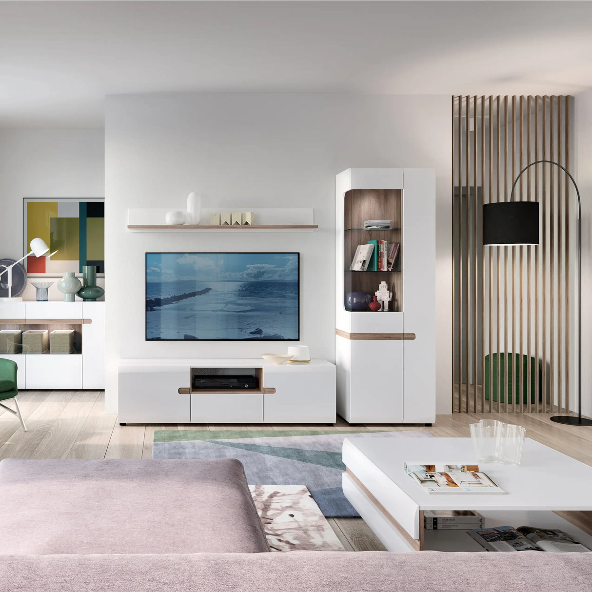 Chelsea Living Tall Glazed Narrow Display Unit in White with Oak Trim