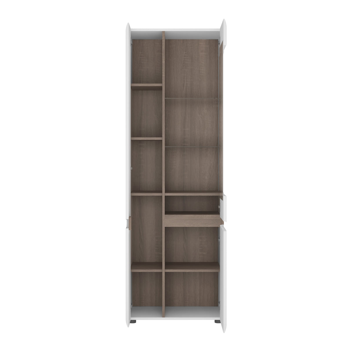 Chelsea Living Tall Glazed Narrow Display unit (LHD) in white with an Truffle Oak Trim