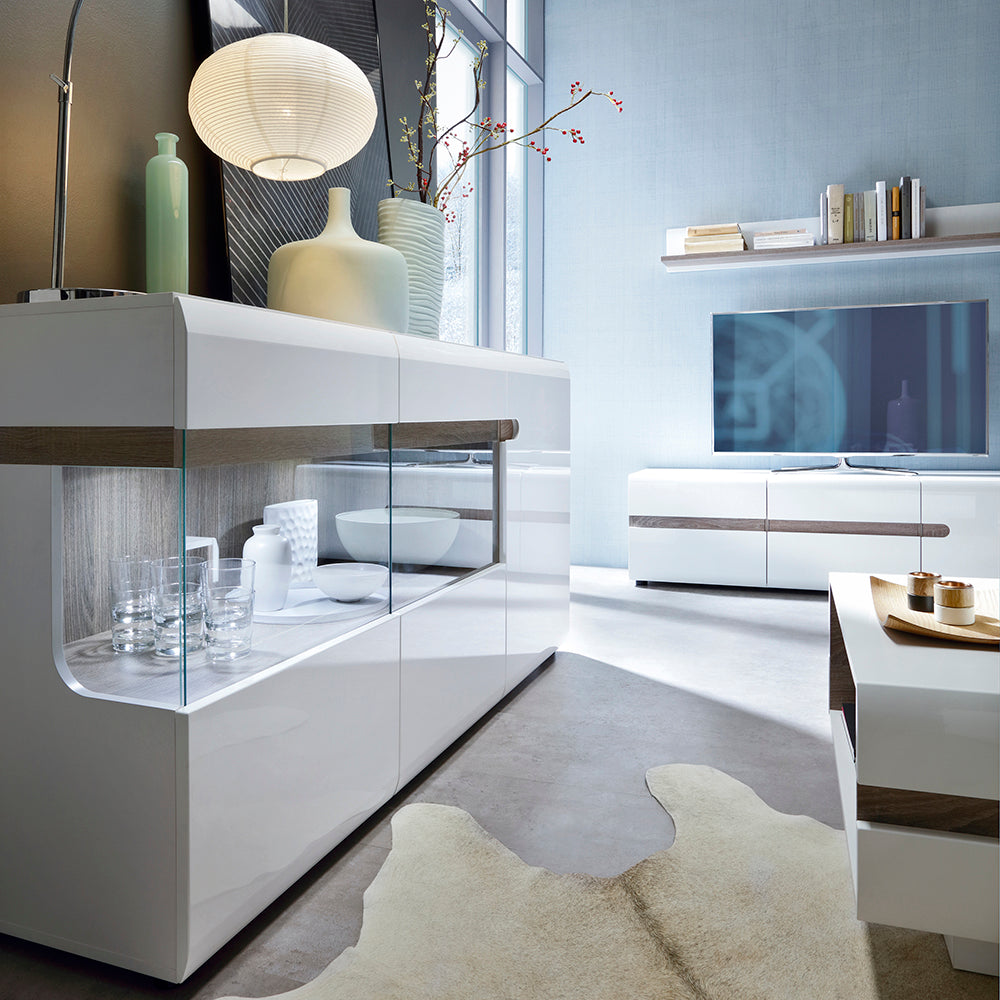 Chelsea Living 3 Door Glazed Sideboard in white with an Truffle Oak Trim