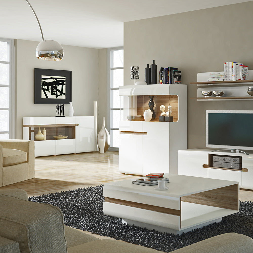 Chelsea Living 3 Door Glazed Sideboard in white with an Truffle Oak Trim