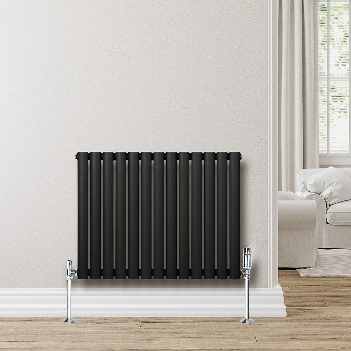 Oval Single Column Radiator & Valves 600mm x 780mm Black