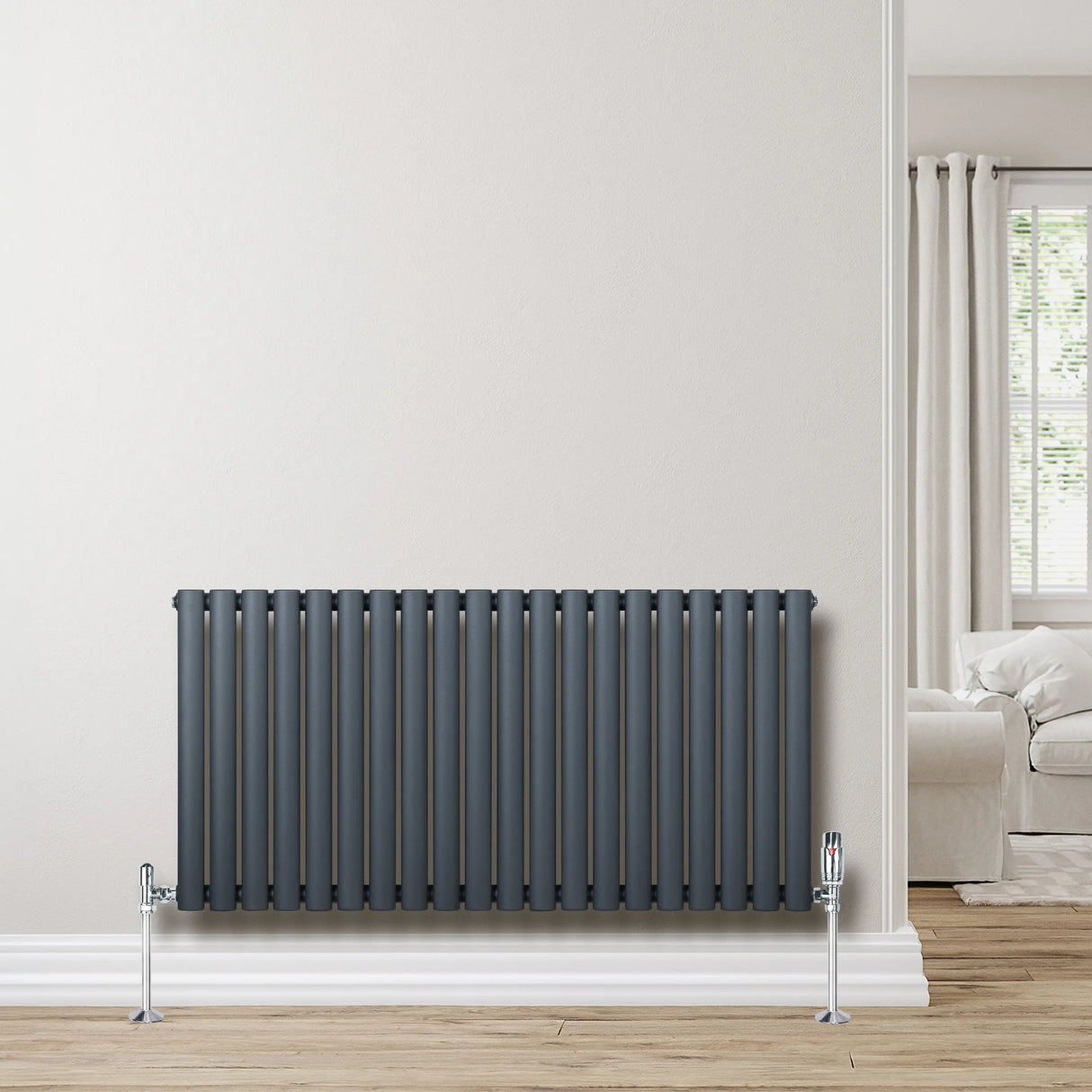 Oval Single Column Radiator & Valves 600mm x 1200mm Anthracite Grey