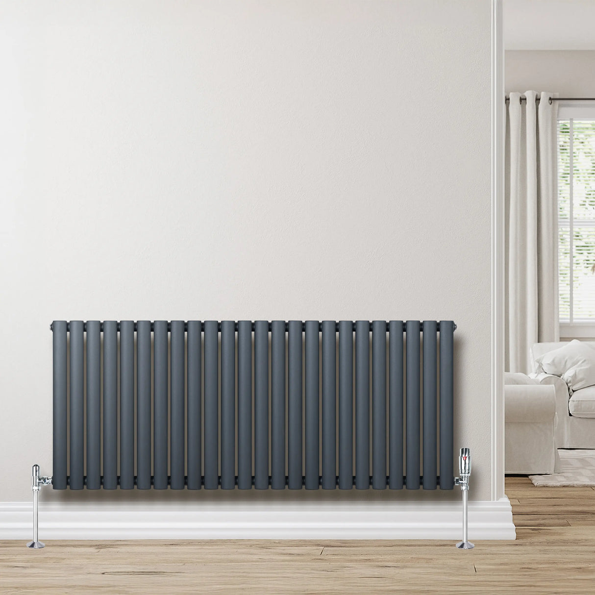 Oval Single Column Radiator & Valves 600mm x 1440mm Anthracite Grey
