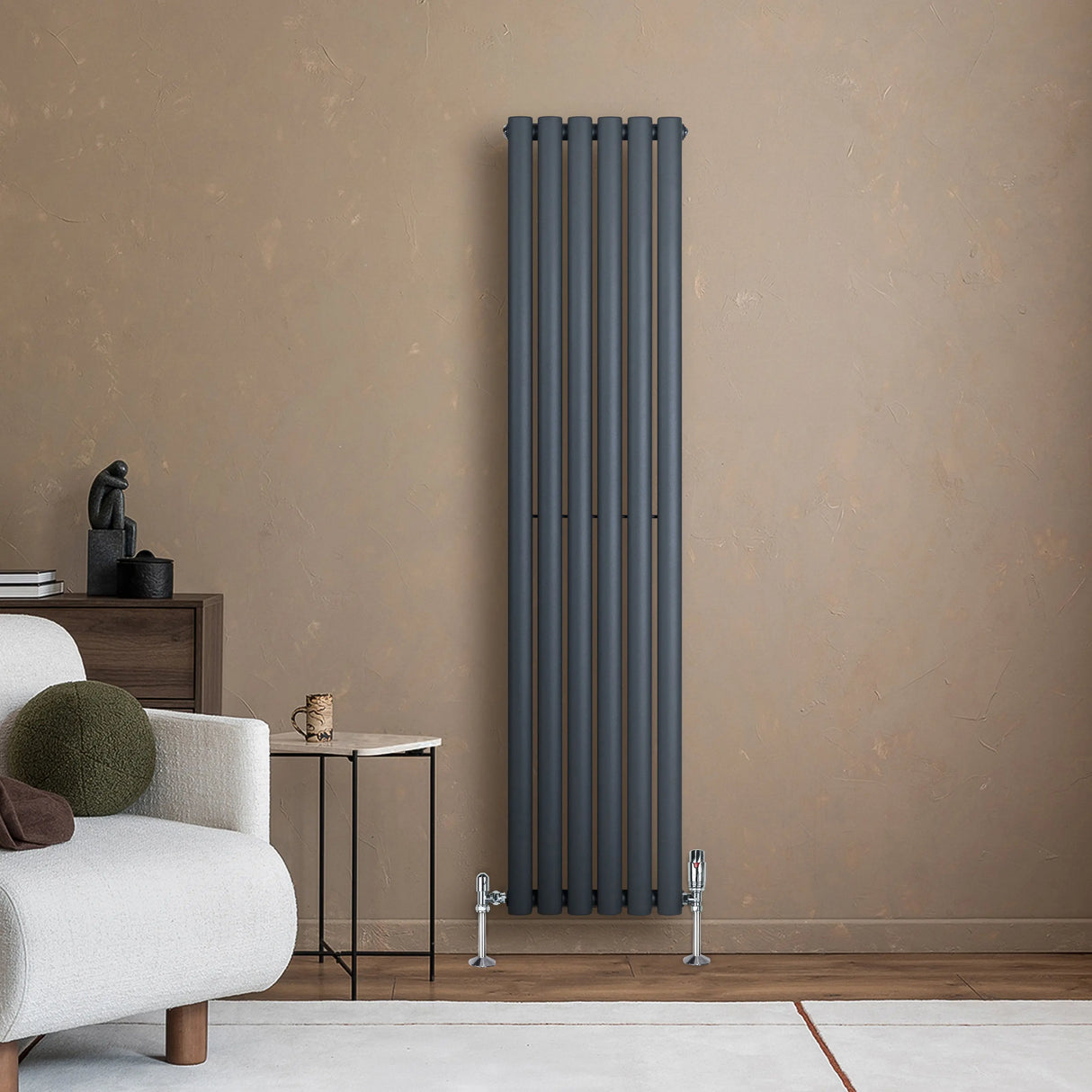 Oval Single Column Radiator & Valves 1600mm x 360mm Anthracite Grey