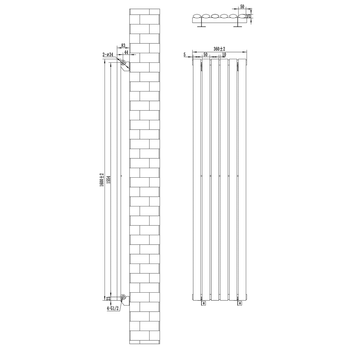 Oval Single Column Radiator & Valves 1600mm x 360mm Anthracite Grey