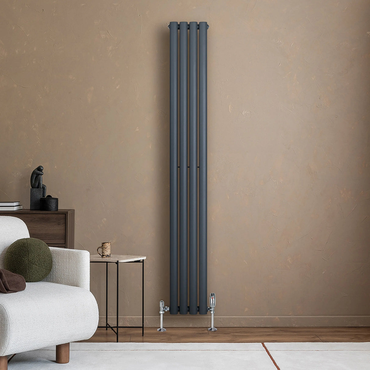 Oval Single Column Radiator & Valves 1800mm x 240mm Anthracite Grey