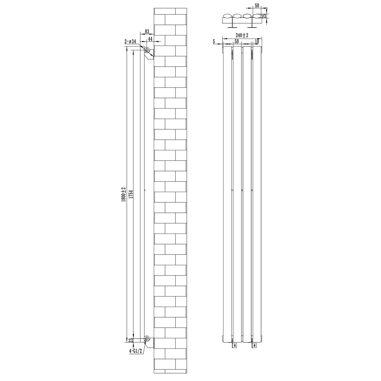 Oval Single Column Radiator & Valves 1800mm x 240mm Black