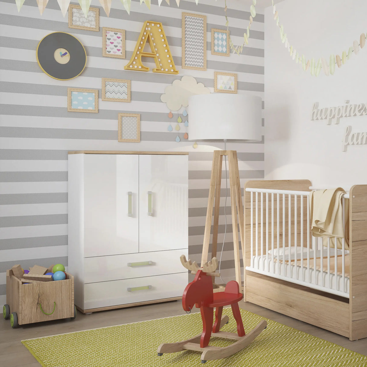 4KIDS Sideboard 2 Doors 4 Drawers in White and Oak with Lemon Handles