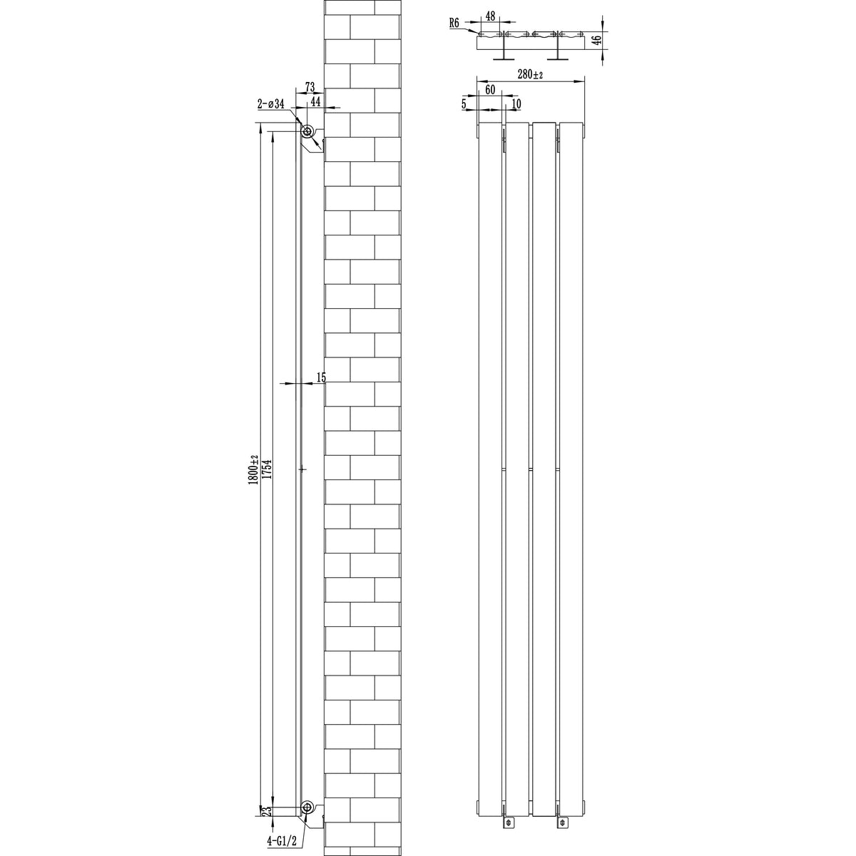 Flat Single Column Radiator & Valves 1800mm x 280mm Anthracite Grey