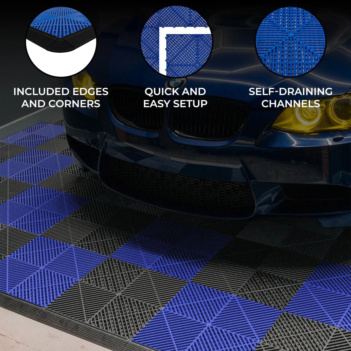 Vented Garage Floor Tiles With Edges 60 Black & 60 Blue