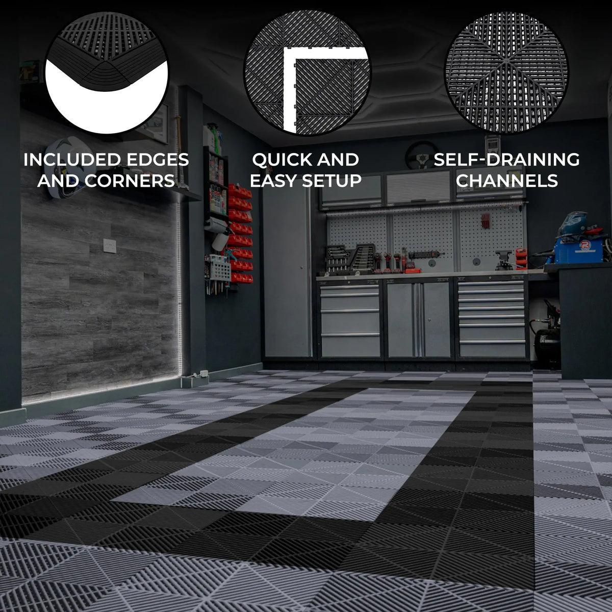Vented Garage Floor Tiles With Edges 165 Grey & 60 Black