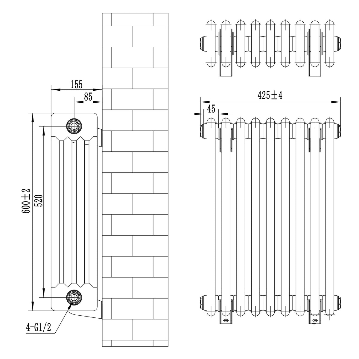 Traditional 4 Column Radiator - 600 x 425mm - Anthracite Grey