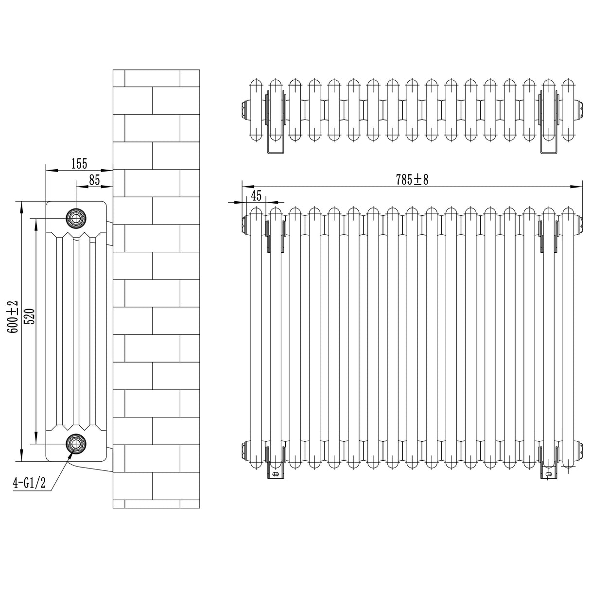 Traditional 4 Column Radiator - 600 x 785mm - Black