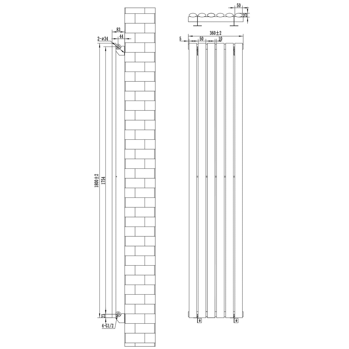 Oval Single Column Radiator - 1800 x 360mm - White