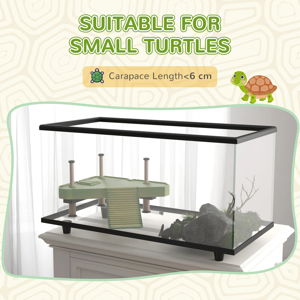 PawHut 50L Glass Turtle Tank Aquarium with Basking Platform, Easy Drainage, Strip Patch Thermometer