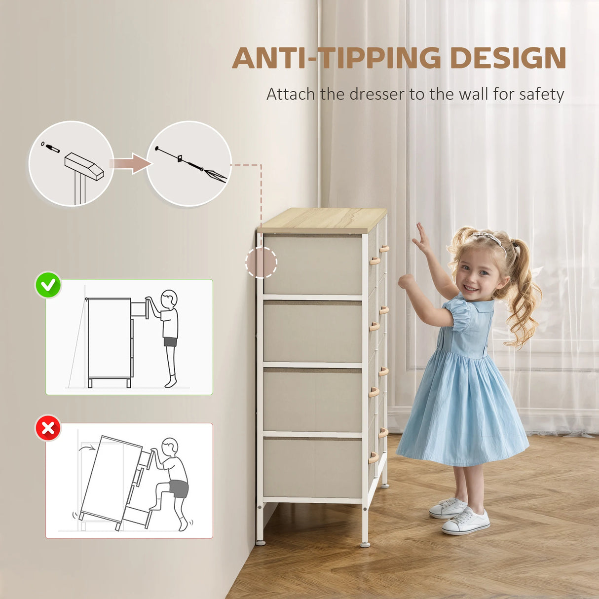 HOMCOM Fabric Chest of Drawers, Industrial Bedroom Dresser with 8 Fabric Drawers, Steel Frame and Wooden Top for Nursery, Living Room, Hallway, Maple Wood-effect