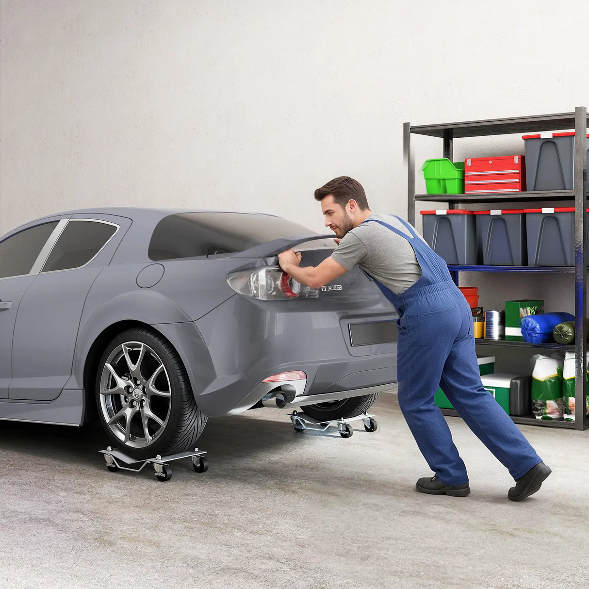 DURHAND Two-Piece Car Wheel Dolly with Swivel Casters, Non-Slip Metal Plates, 680kg Capacity, Grey