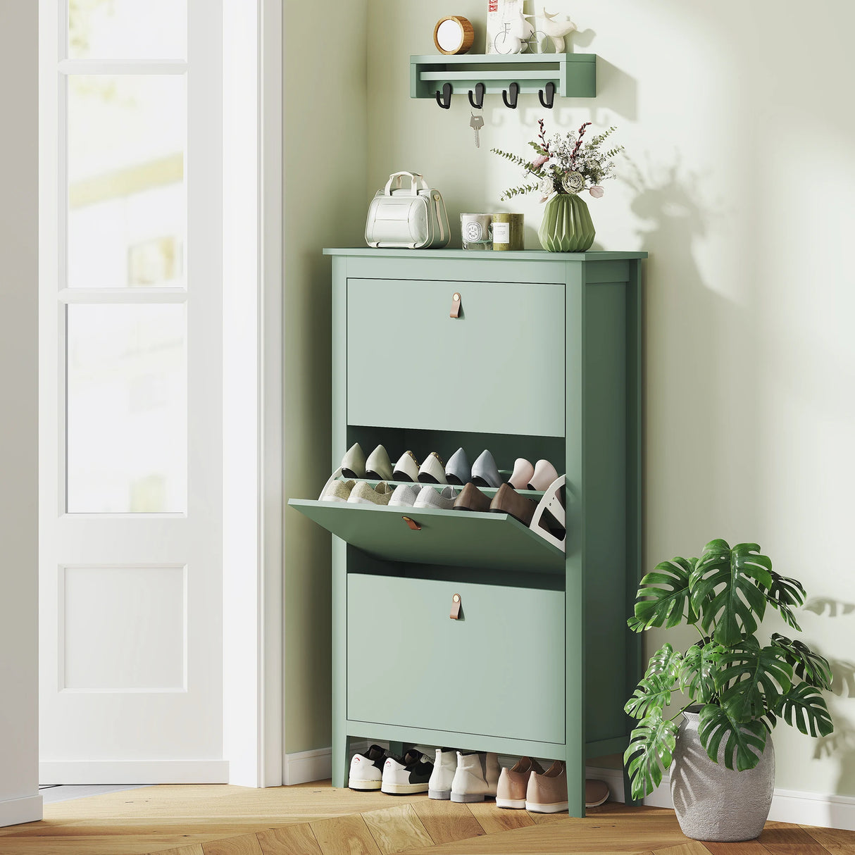 HOMCOM Modern Three-Drawer Shoe Cabinet - Green