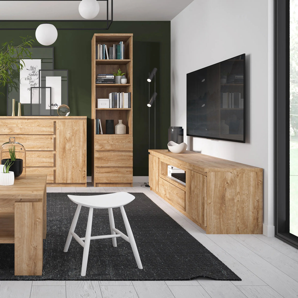 Fribo Tall Glazed Display Cabinet with 3 Drawers in Oak