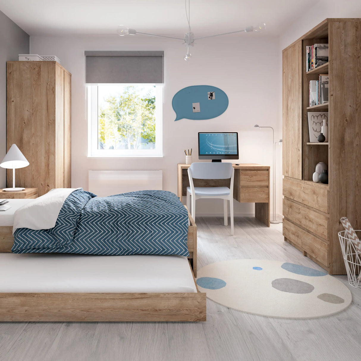 Fribo Tall Bookcase with 3 Drawers in Oak