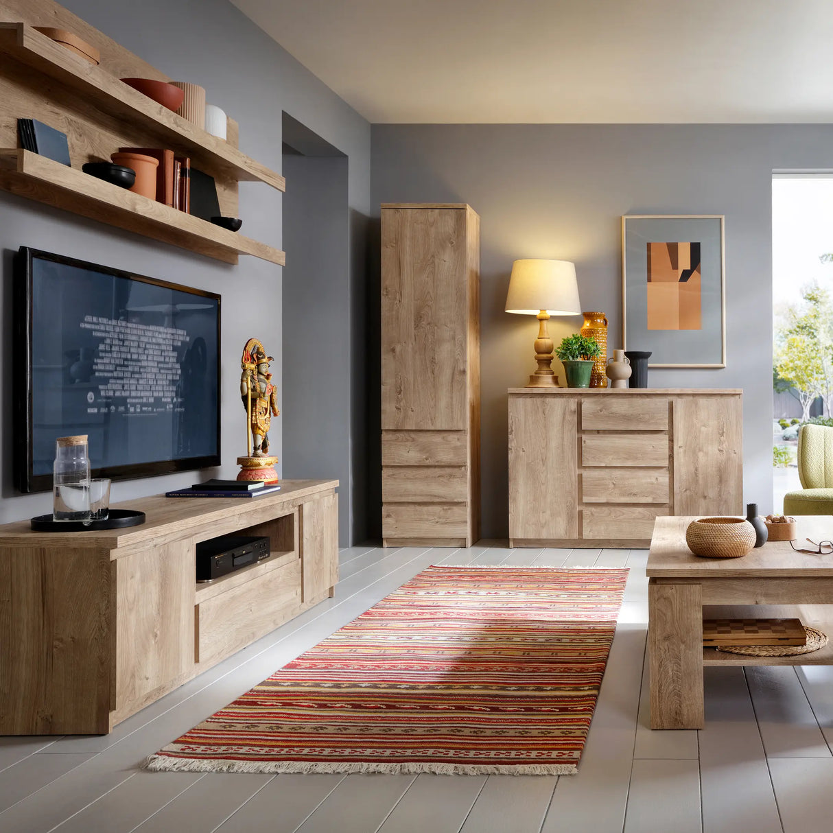 Fribo 166cm Wide TV Cabinet with 2 Doors and Drawer in Oak