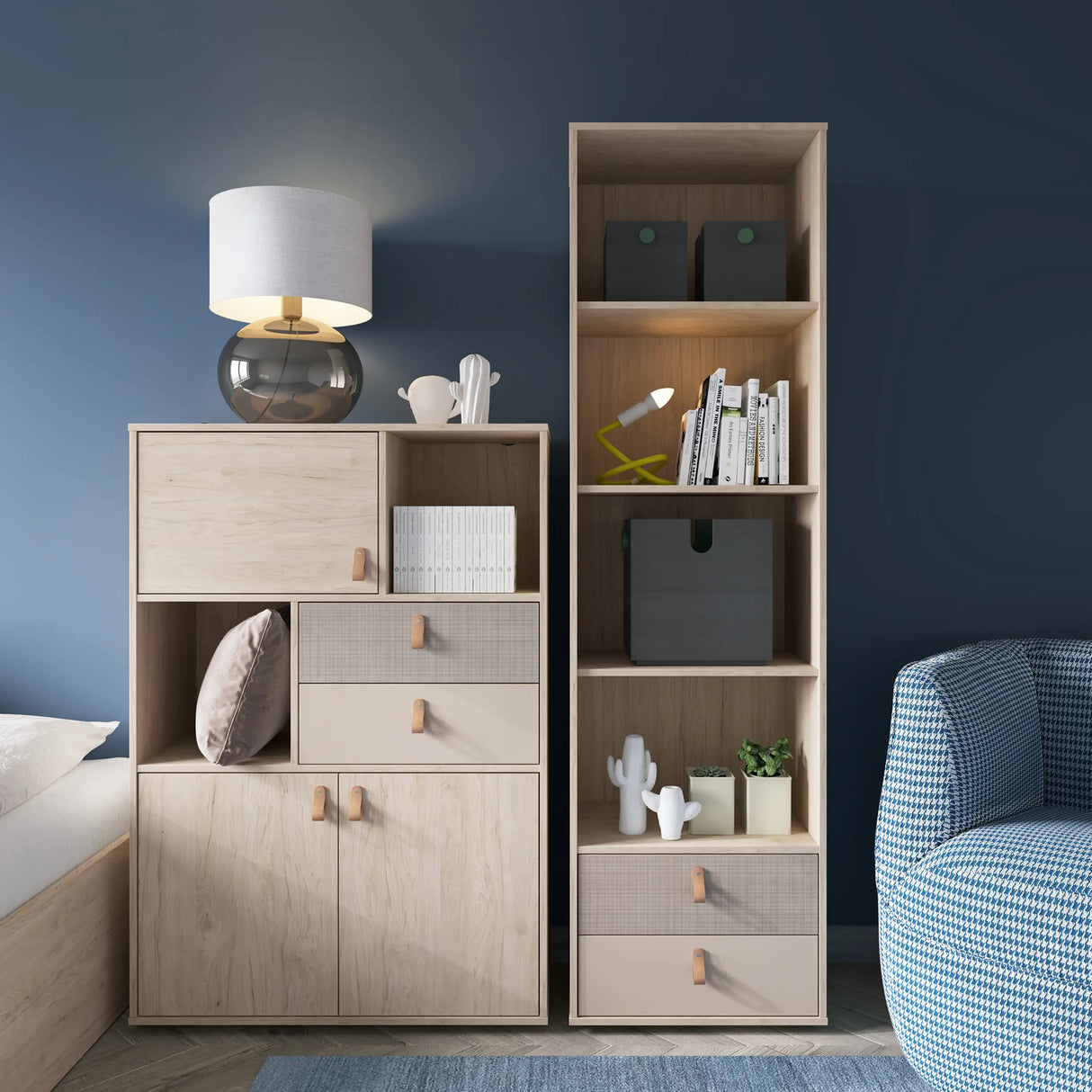 Denim 3 Door 2 Drawer Cabinet in Walnut Grey and Cashmere