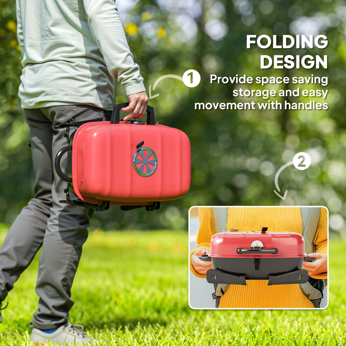 Outsunny Charcoal Barbecue Grill Folding BBQ Grill with 1232 cm2 Cooking Area, Adjustable Vent, Thermometer, Handles for Camping Picnic, Red