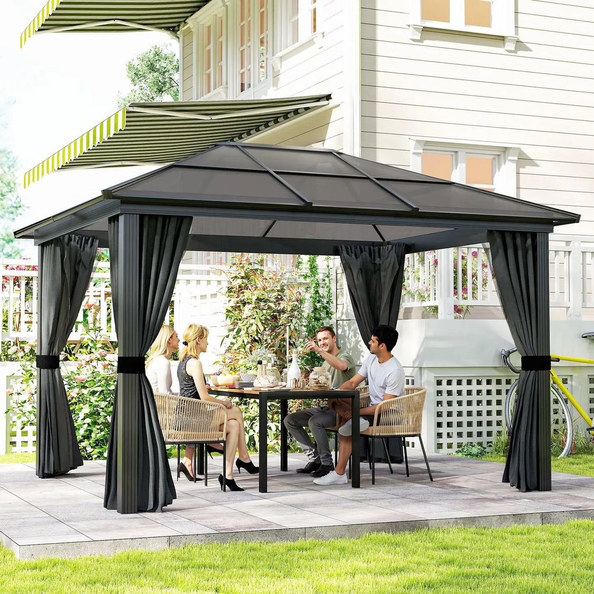 Outsunny 3 x 3.6m Hardtop Gazebo Canopy with Polycarbonate Roof, Aluminium Frame, Permanent Pavilion Garden Gazebo with Netting and Curtains for Patio, Deck, Dark Grey