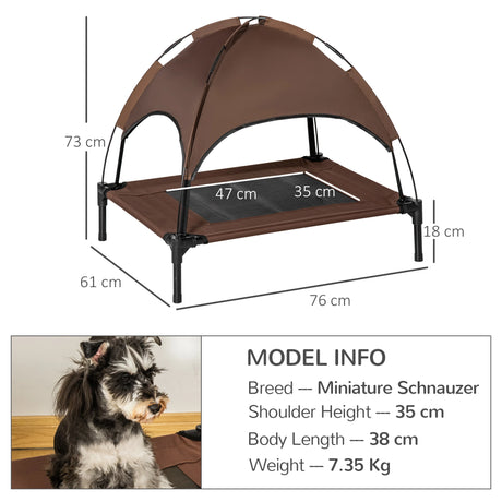 PawHut Raised Dog Bed Waterproof Elevated Pet Cot with Breathable Mesh UV Protection Canopy Brown, for Medium Dogs, 76 x 61 x 73cm