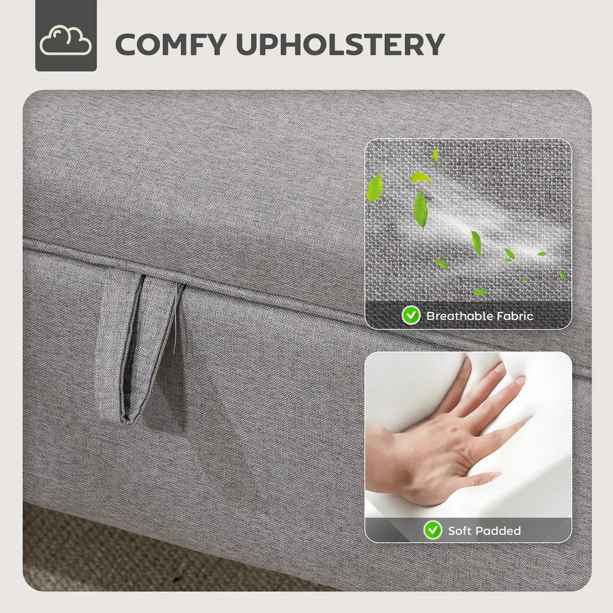 HOMCOM 30L Linen Storage Ottoman Padded Footstool with Rubberwood Legs for Storage Box, Bed End, Shoe Bench, Seating, Light Grey