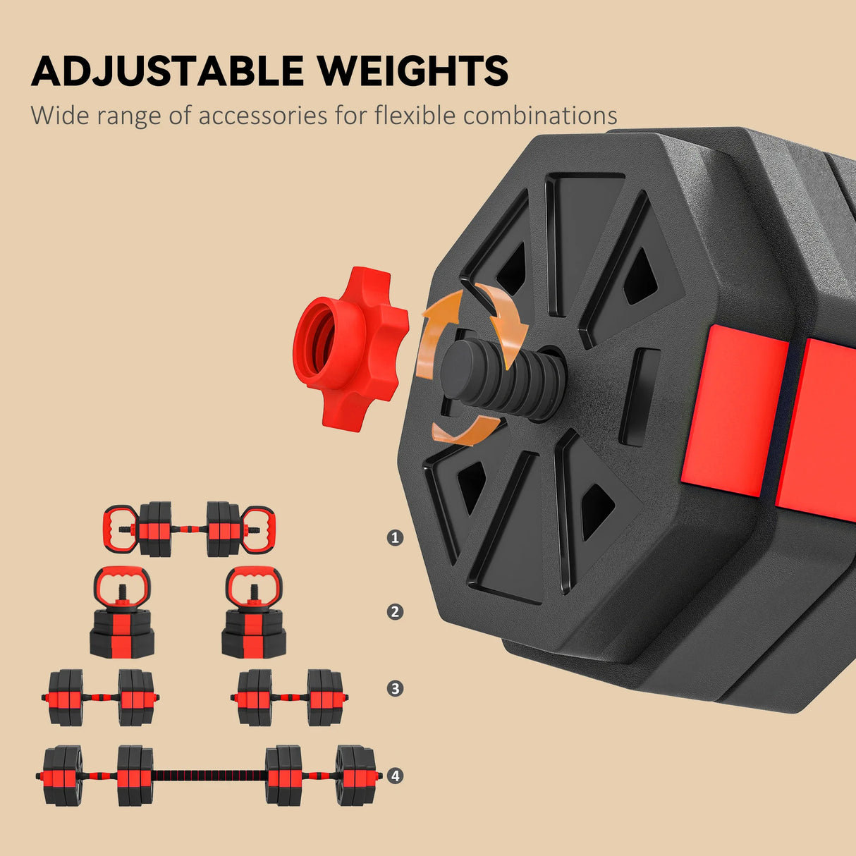 SPORTNOW 4-in-1 Adjustable Weight Dumbbells Set, Used as Kettlebell, Barbell, Dumbbell, Push-Up Stand, 30kg Free Weights Set for Men and Women Home Gym Training, Red