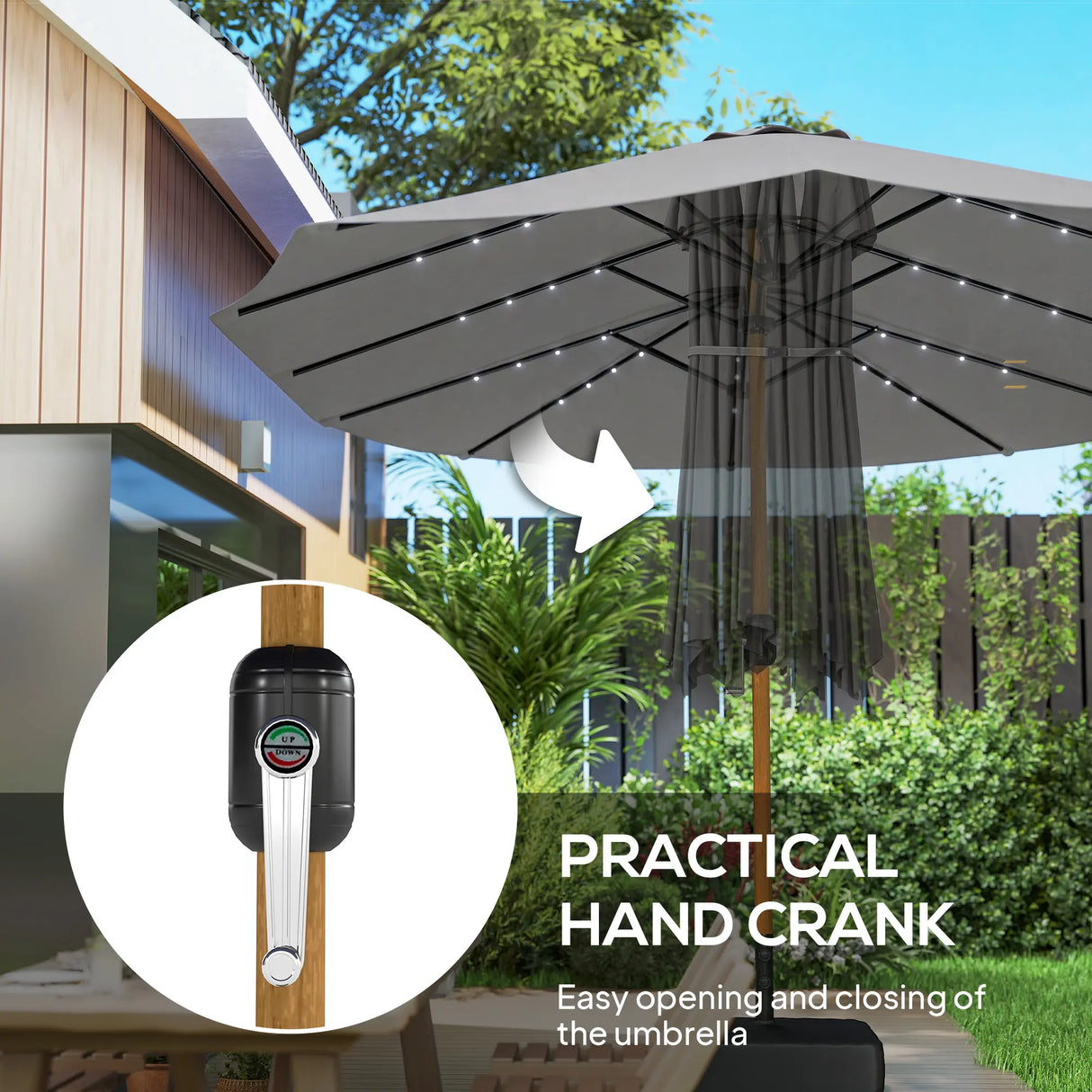 Outsunny Double Sided Garden Parasol with Base Included & 48 Solar LED Lights Patio Umbrella Crank Handle 4.6m Light Grey