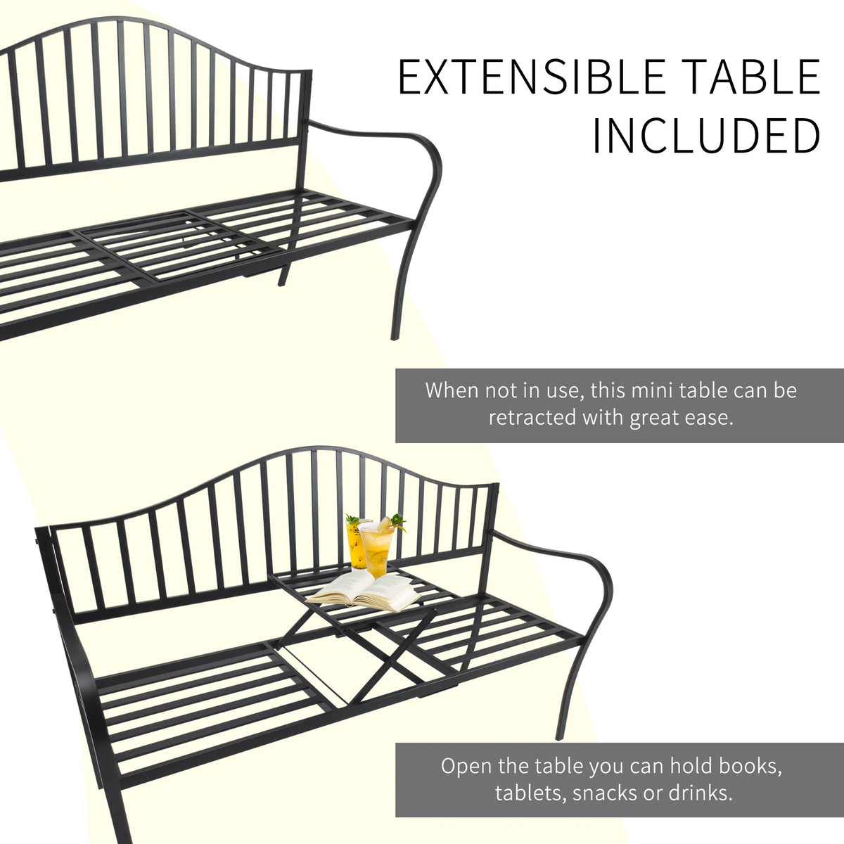 Outsunny Metal Bench W/Table, 150Lx53Wx95H cm