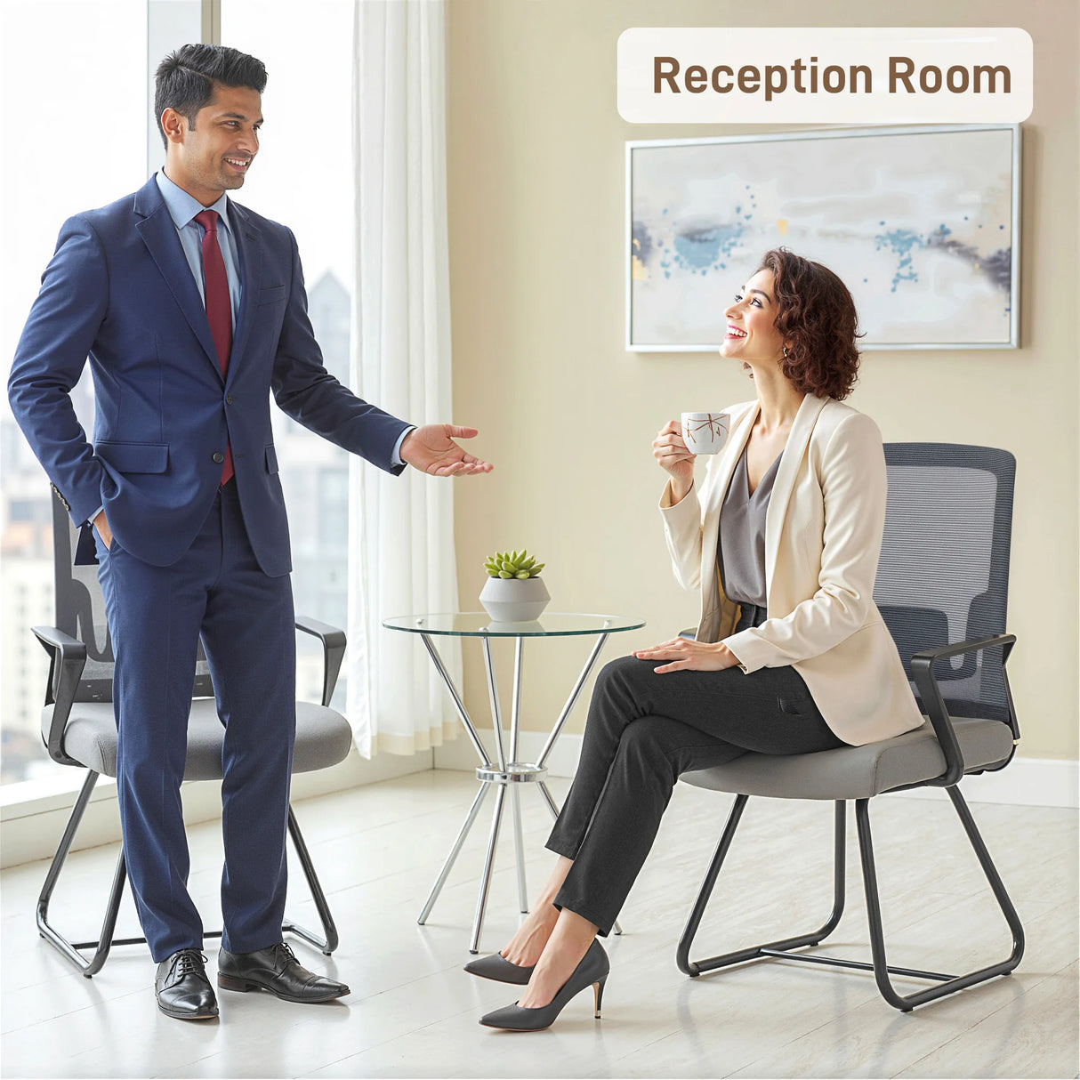 HOMCOM Desk Chair No Wheels, Office Chair with Mesh Back, Lumbar Support, Metal Base for Waiting Room, Conference Room, Dark Grey