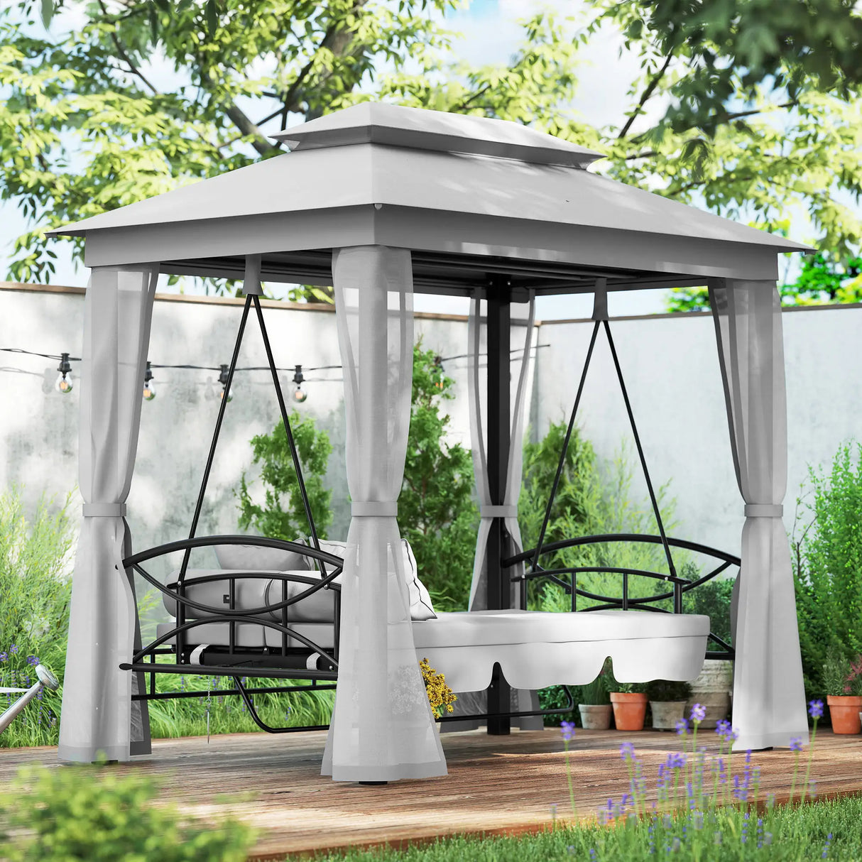 Outsunny 3 Seater Convertible Swing Chair, Outdoor Gazebo Swing Seat Bed with Double Tier Canopy, Cushioned Seat, Mesh Sidewalls, Light Grey